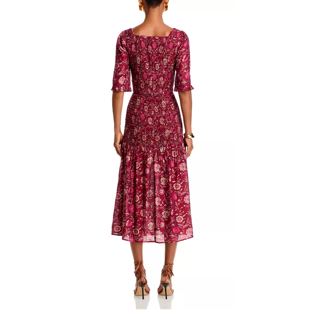Sea New York 2 Famke $445 Smocked Sweetheart Midi Dress Floral Cottagecore Red - Picture 7 of 13